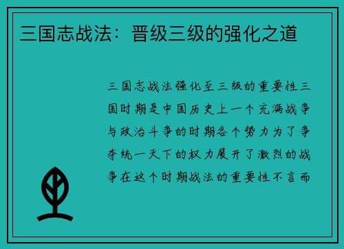 三国志战法：晋级三级的强化之道