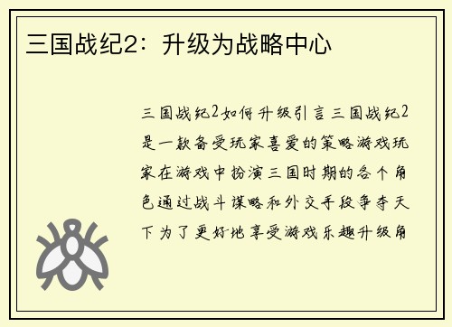 三国战纪2：升级为战略中心