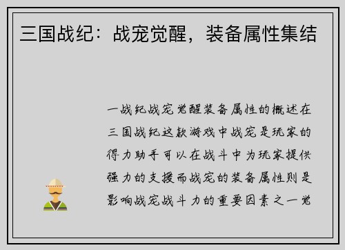 三国战纪：战宠觉醒，装备属性集结
