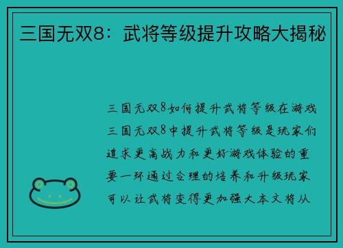 三国无双8：武将等级提升攻略大揭秘